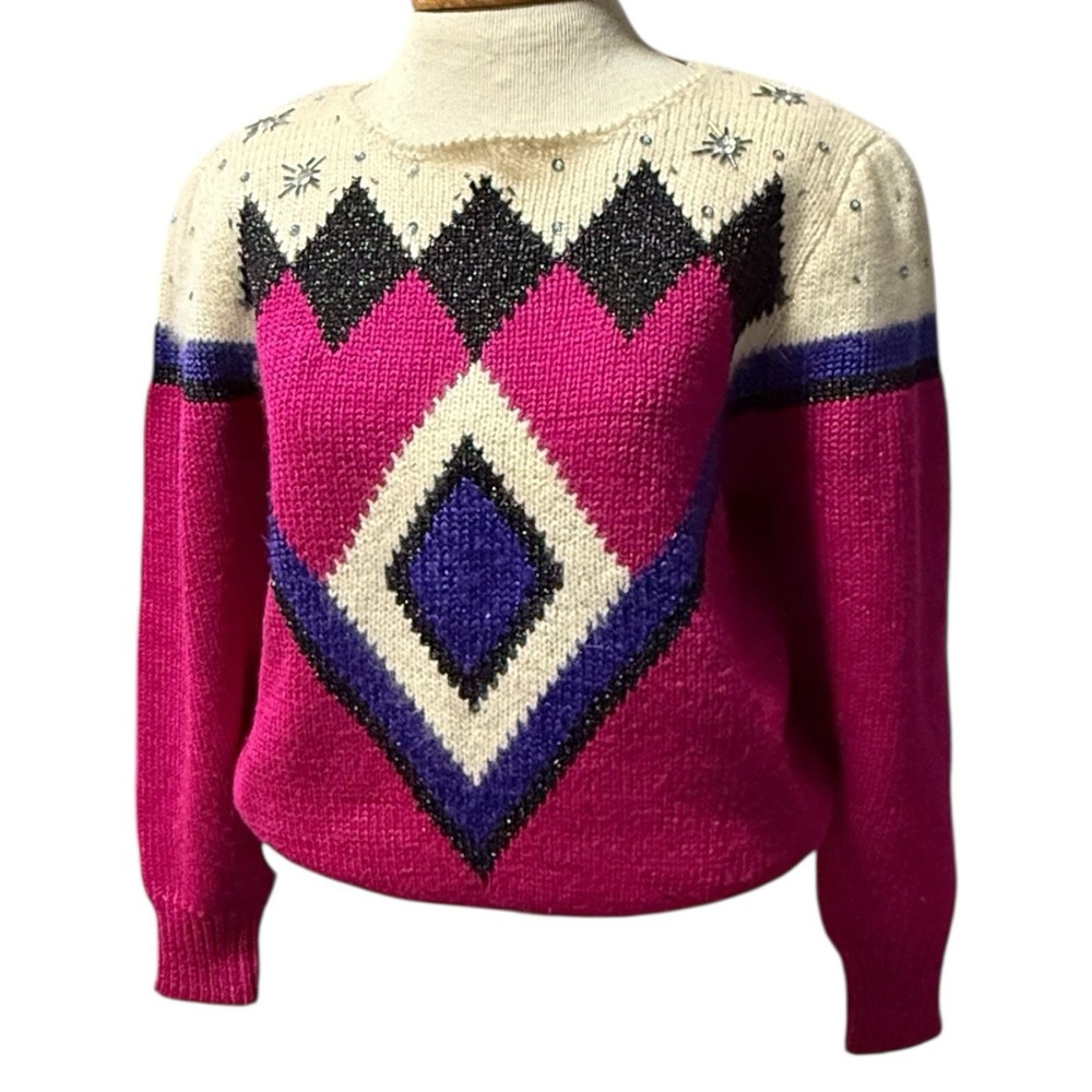 Vintage 80s Pink Purple Lurex Sweater Argyle Top Retro Glam Party 💜💕